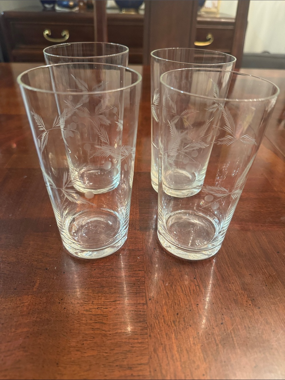 Vintage Etched Wheat Stalks with Berries Delicate 5.25" Glasses